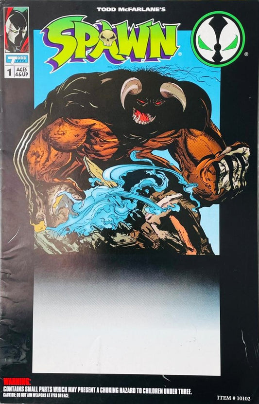 Tremor the horned cybernetic monster tearing through blue energy debris on the cover of Spawn Mini-Comic 1 for Todd Toys and Image Comics by Todd McFarlane.