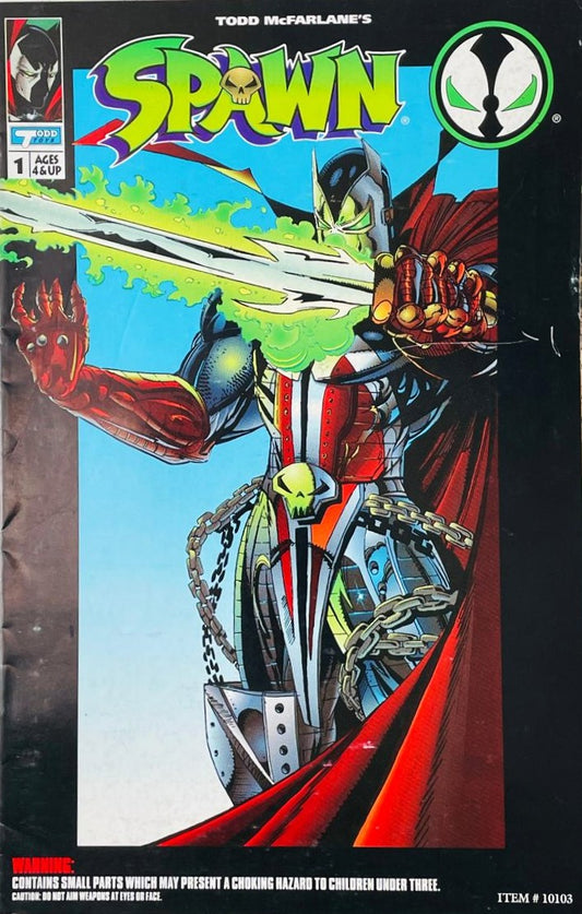 Medieval Spawn in metallic knight armor wielding a glowing green sword on the cover of Spawn Mini-Comic 1 for Todd Toys and Image Comics by Todd McFarlane.