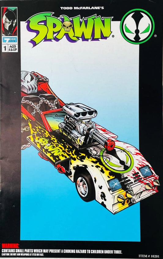The Spawnmobile supercar with flame decals, exposed engine, and front Gatling gun on the cover of Spawn Mini-Comic 1 for Todd Toys and Image Comics by Todd McFarlane.