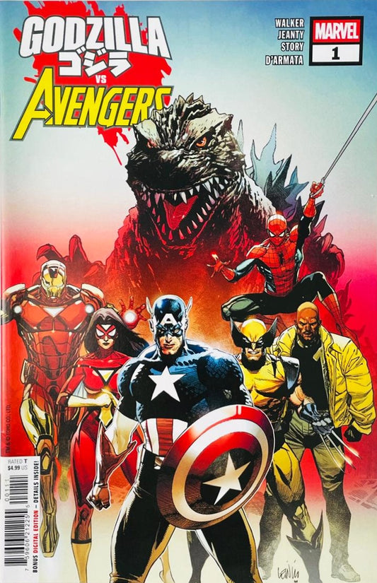 Captain America with shield leading Iron Man, Spider-Man, Wolverine, Luke Cage, and Spider-Woman in front of a giant roaring Godzilla on the cover of Godzilla vs Avengers 1 for Marvel Comics by Leinil Francis Yu.