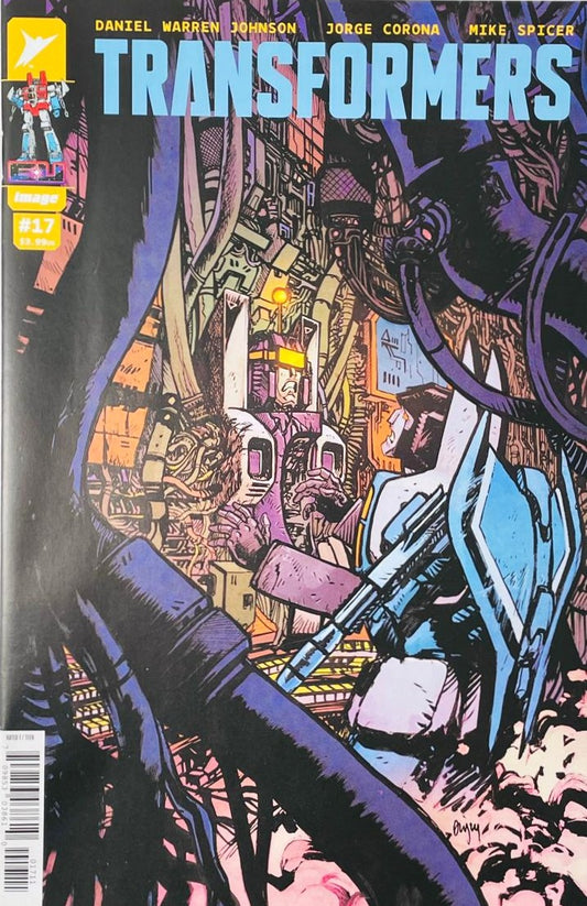 Thundercracker amidst complex Cybertronian wiring and mechanical consoles on the cover of Transformers 17 by Jorge Corona for Image Comics and Skybound.