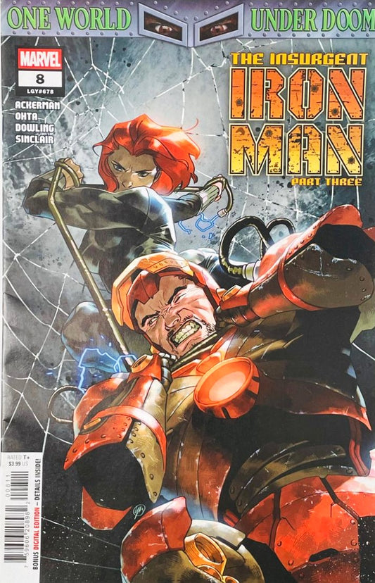 Black Widow grappling with Iron Man using a garrote wire against a cracked glass background on the main cover of Iron Man 8 for Marvel Comics by Yasmine Putri.