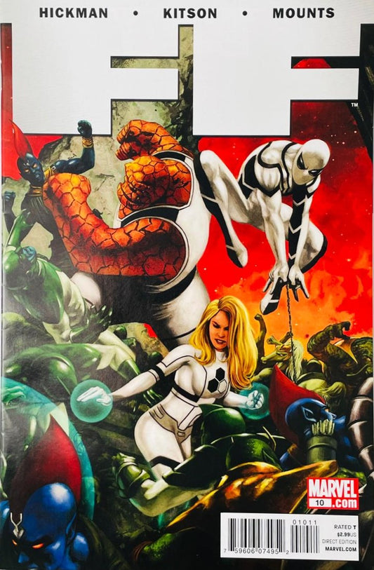Spider-Man, Invisible Woman, and The Thing in white Future Foundation suits battling alien warriors on the cover of FF 10 for Marvel Comics by Steve Epting.