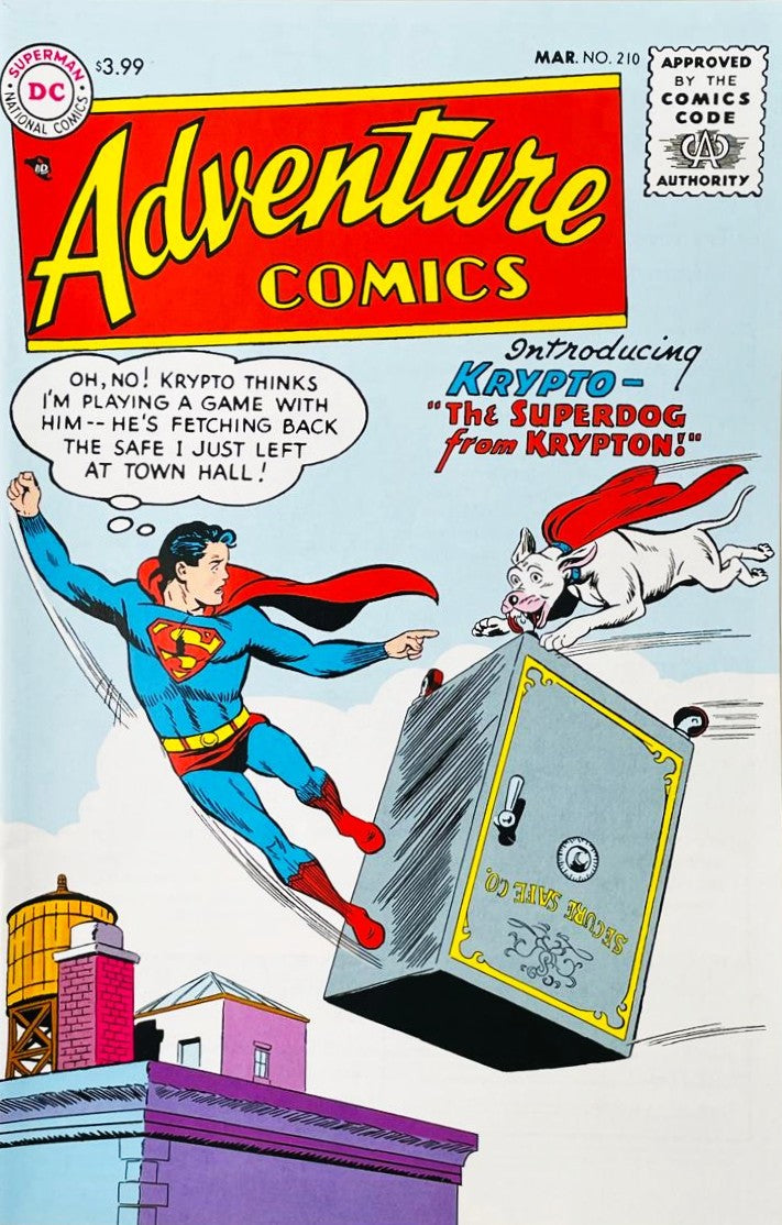 Superboy watching Krypto the Superdog fetch a massive metal safe on the cover of Adventure Comics 210 for DC Comics by Curt Swan.