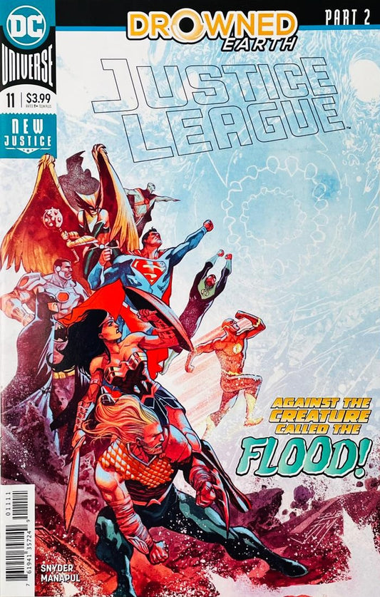 Aquaman, Wonder Woman, Superman, Batman, and the Justice League charging into battle against a tidal wave on the cover of Justice League 11 Drowned Earth Part 2 for DC Comics by Francis Manapul.