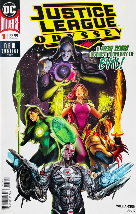 Darkseid holding a glowing cosmic sphere above Cyborg, Jessica Cruz, Starfire, and Azrael on the cover of Justice League Odyssey 1 for DC Comics by Stjepan Sejic.