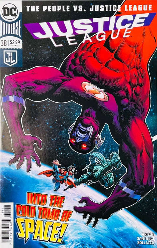 The Flash falling upside-down in deep space above Earth with Superman, Wonder Woman, and the Watchtower on the cover of Justice League 38 for DC Comics.