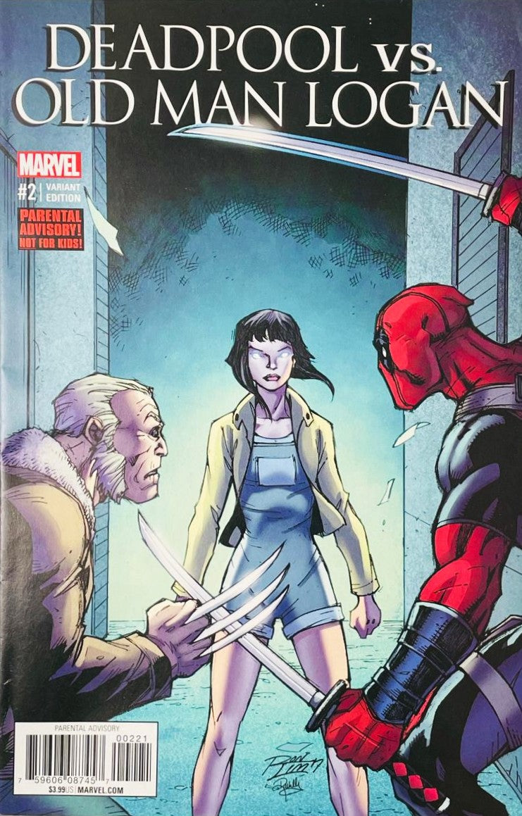 Deadpool with katanas raised and Old Man Logan with adamantium claws extended surrounding a young female mutant on the variant cover of Deadpool vs Old Man Logan 2 for Marvel Comics by Ron Lim.