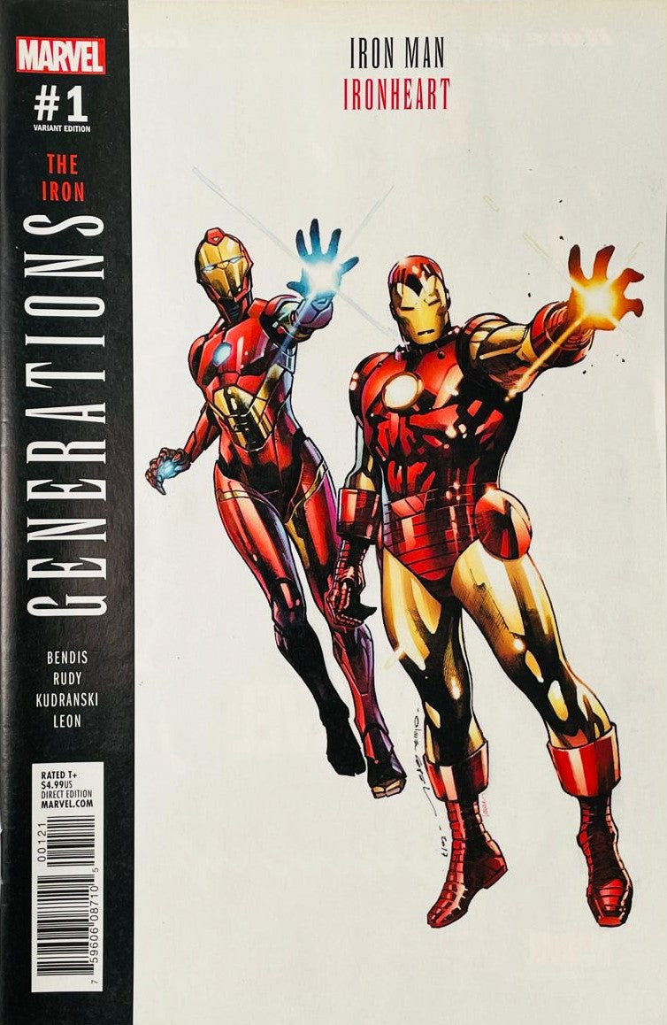 Ironheart and Iron Man flying side-by-side with repulsors fired against a white background on the variant cover of Generations The Iron 1 for Marvel Comics by Adi Granov.