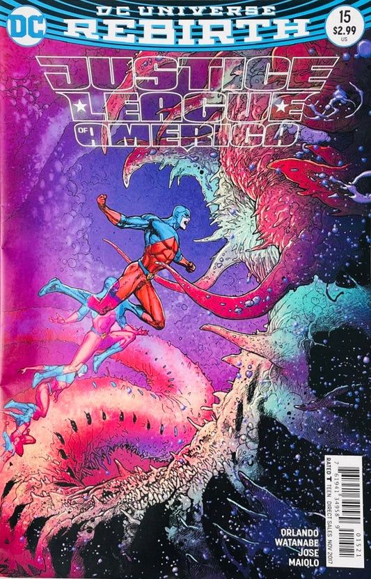 The Atom Ryan Choi shrinking down while diving into a giant tentacled monster in the Microverse on the cover of Justice League of America 15 for DC Comics.