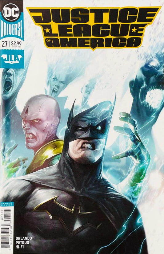 Batman and Chronos surrounded by glowing electrical energy and ghostly wailing faces on the variant cover of Justice League of America 27 for DC Comics.