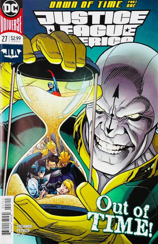 Chronos holding an hourglass trapping Batman, Black Canary, and The Atom on the cover of Justice League of America 27 for DC Comics by Freddie E. Williams II.