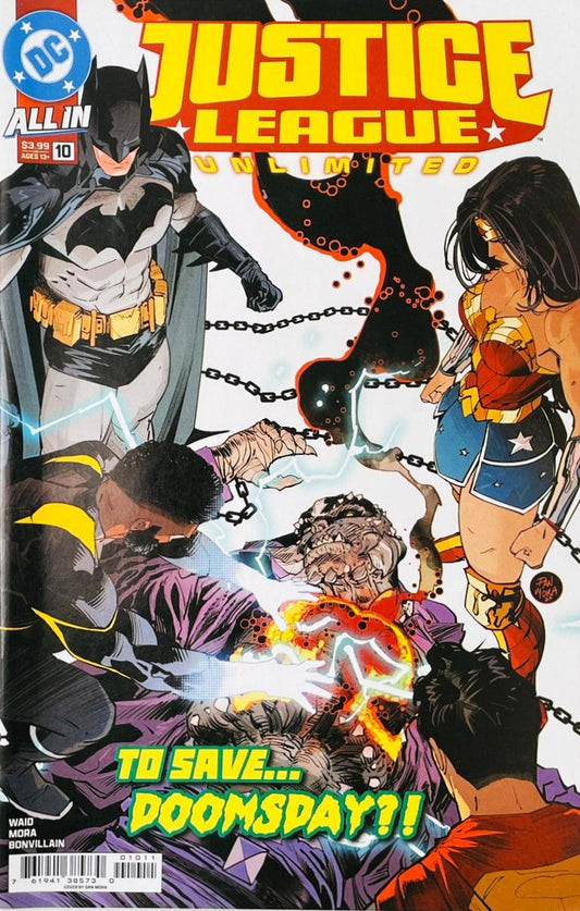 Batman, Wonder Woman, Superman, and Mister Terrific surrounding a chained Doomsday on the cover of Justice League Unlimited 10 for DC Comics by Dan Mora.