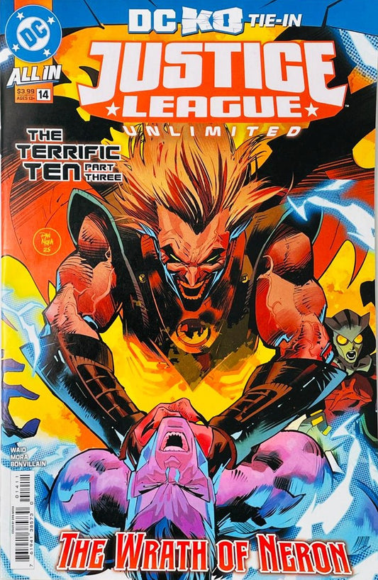 Demonic villain Neron grinning while pinning down a purple-skinned hero amidst electrical energy on the cover of Justice League Unlimited 14 for DC Comics by Dan Mora.