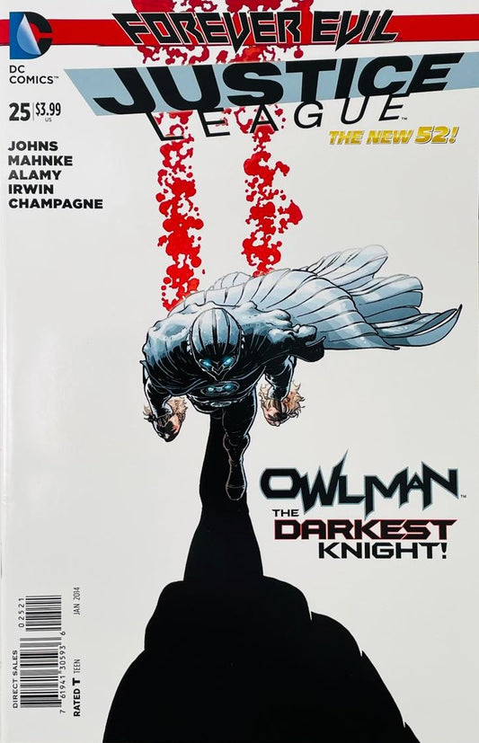 Owlman swooping downward with glowing blue eyes against a white backdrop on the cover of Justice League 25 Forever Evil for DC Comics by Doug Mahnke.