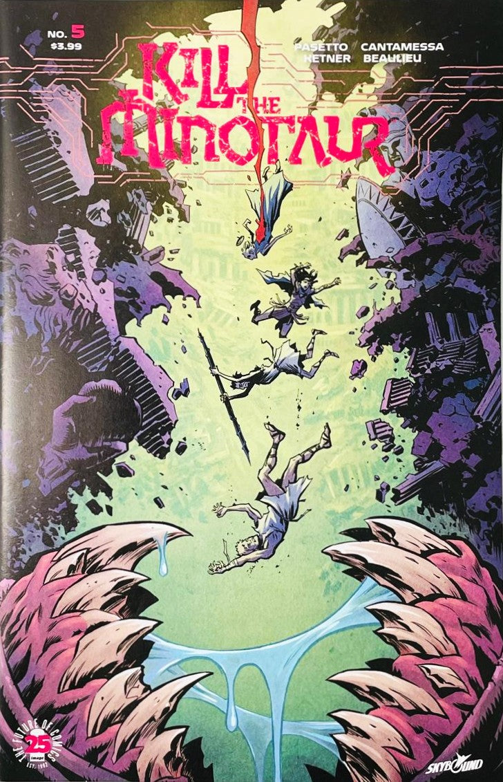 Theseus and victims falling into the massive open jaws of the monster on the cover of Kill the Minotaur 5 for Image Comics by Lukas Ketner.
