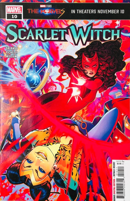 Scarlet Witch Wanda Maximoff casting pink chaos magic spells on the cover of Scarlet Witch 10 for Marvel Comics by Russell Dauterman.