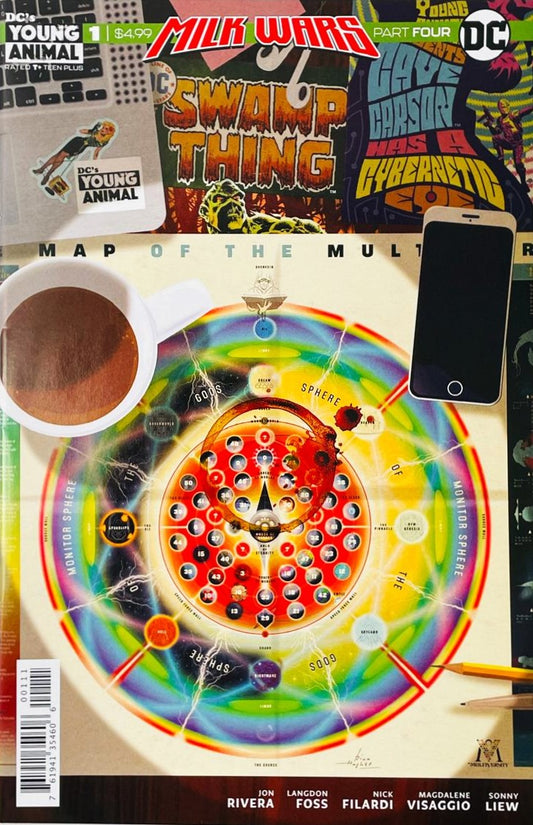 Coffee cup and smartphone lying over the Map of the Multiverse on the cover of Cave Carson Swamp Thing Special 1 Milk Wars Part 4.