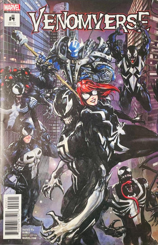 Venomized Mary Jane Watson posing alongside Venom, Venomized Punisher, and Venomized Ghost Rider on the cover of Venomverse 4 Variant Edition for Marvel Comics.