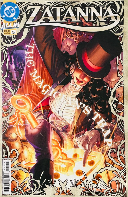 Zatanna wearing a top hat smiling as a hand holds a glowing key on the cover of Zatanna 5 by Jamal Campbell.