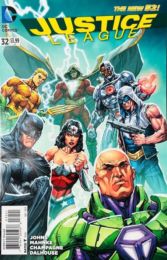Lex Luthor in his green warsuit standing with Batman, Wonder Woman, and the Justice League on the cover of Justice League 32 by Doug Mahnke.