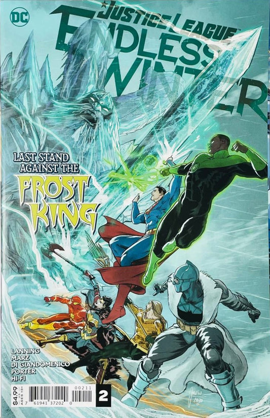 Green Lantern, Superman, Batman, and the Justice League fighting the Frost King on the cover of Justice League Endless Winter 2.