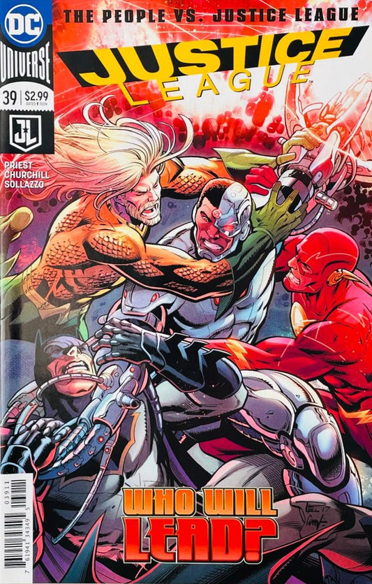 Batman, Aquaman, and The Flash restraining Cyborg on the cover of Justice League 39 for DC Comics by Paul Pelletier.