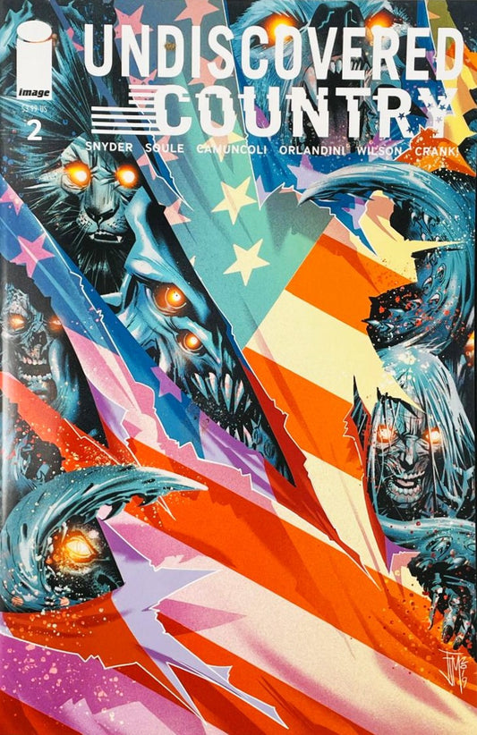 Mutant monsters with glowing eyes ripping through an American flag on the cover of Undiscovered Country 2 Variant by Francis Manapul.