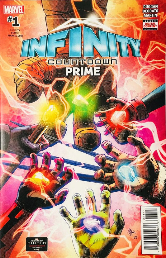 Marvel heroes holding glowing Infinity Stones surrounded by energy on the cover of Infinity Countdown Prime 1 by Mike Deodato Jr.