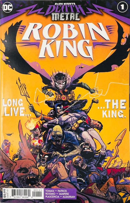 The Robin King crouching atop a pile of defeated Justice League heroes on the cover of Dark Nights Death Metal Robin King 1 by Riley Rossmo.