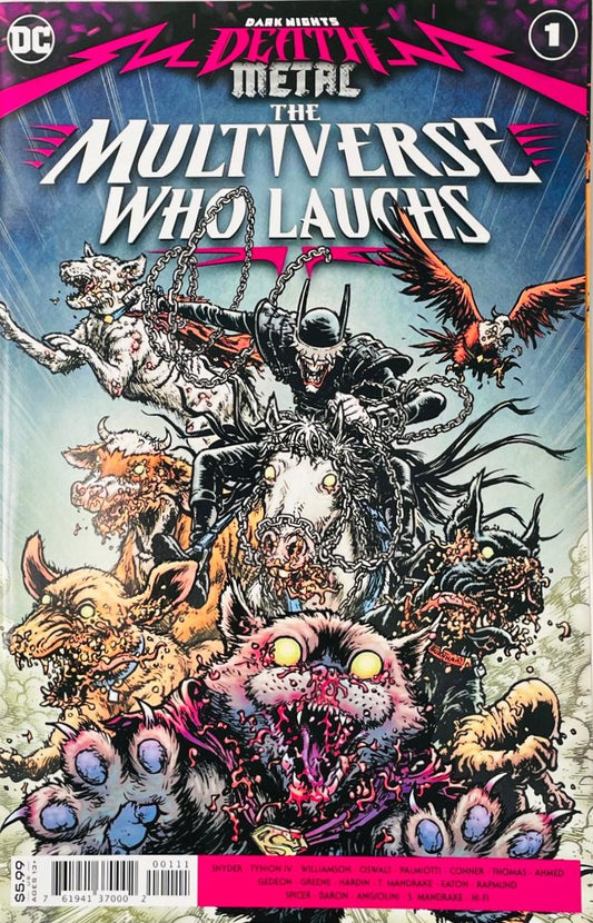 The Batman Who Laughs riding a horse with a horde of zombified mutant animals on the cover of Dark Nights Death Metal The Multiverse Who Laughs 1 by Riley Rossmo.