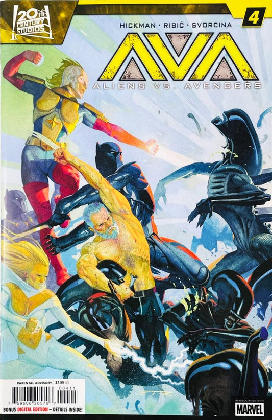 Wolverine, Captain Marvel, and Black Panther battling a swarm of Xenomorph aliens on the painted cover of Aliens vs Avengers 4 for Marvel Comics by Esad Ribic.
