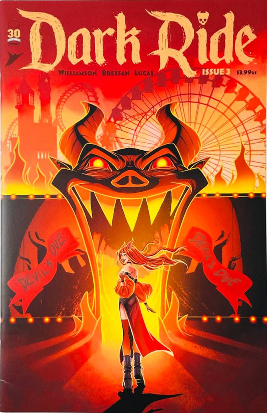 A woman with devil horns walking into a glowing devil-head entrance for the Devil's Due ride on the cover of Dark Ride 3 for Image Comics.