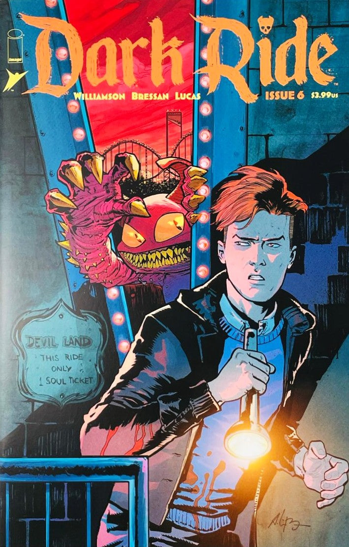 Sam Dante holding a flashlight as a red monster reaches out from behind carnival lights on the cover of Dark Ride 6 for Image Comics.