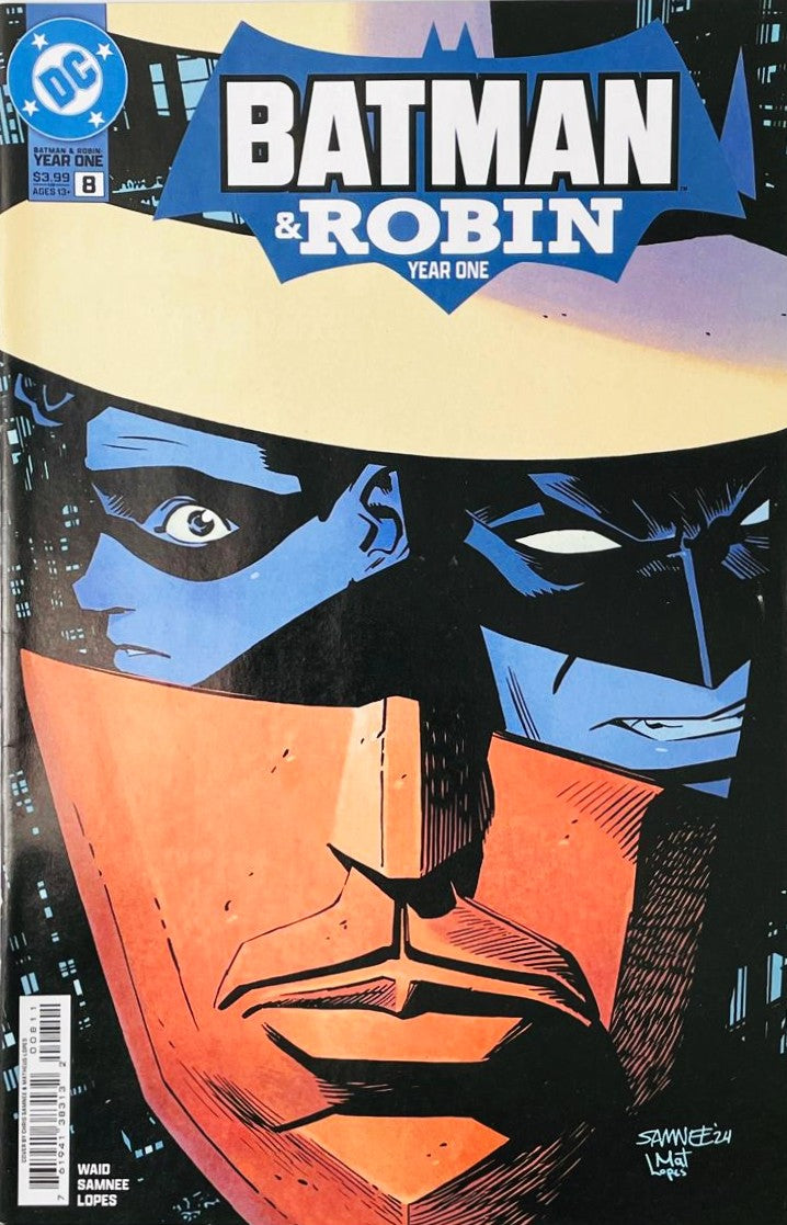 Two-Face profile framing blue shadows of Batman and Robin on the cover of Batman & Robin Year One 8 by Chris Samnee.
