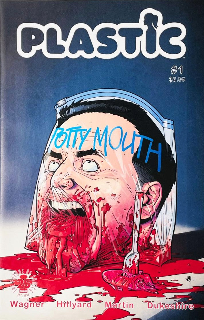 A severed head in a plastic bag with blue marker writing and a fork in blood on the cover of Plastic 1 for Image Comics.