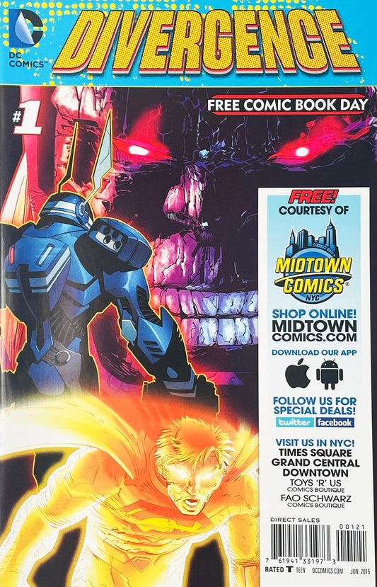 Jim Gordon blue mech Batman suit and glowing Superman facing Darkseid's giant shadowy face on the cover of Divergence 1 FCBD.