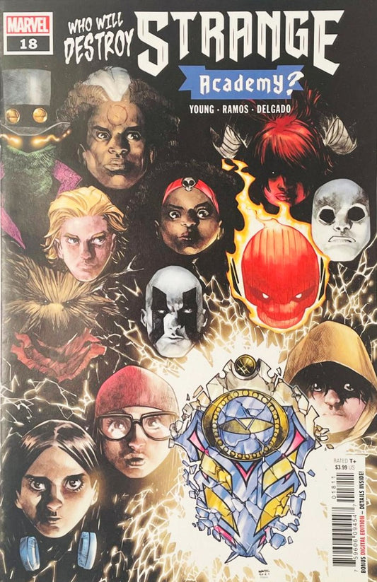 Floating faces of Strange Academy mystic students surrounding a shattered glowing crest on the cover of Strange Academy 18 by Humberto Ramos.