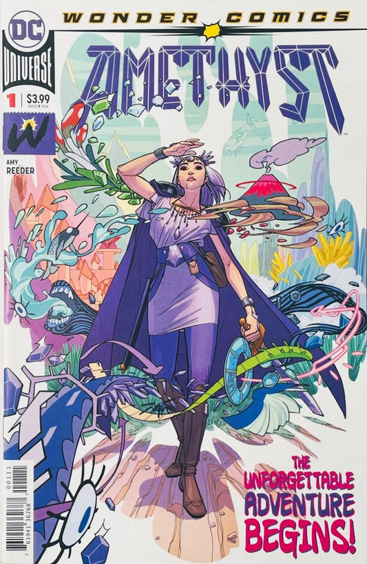 Princess Amethyst shielding her eyes while walking through a surreal crystal landscape on the cover of Amethyst 1 by Amy Reeder.