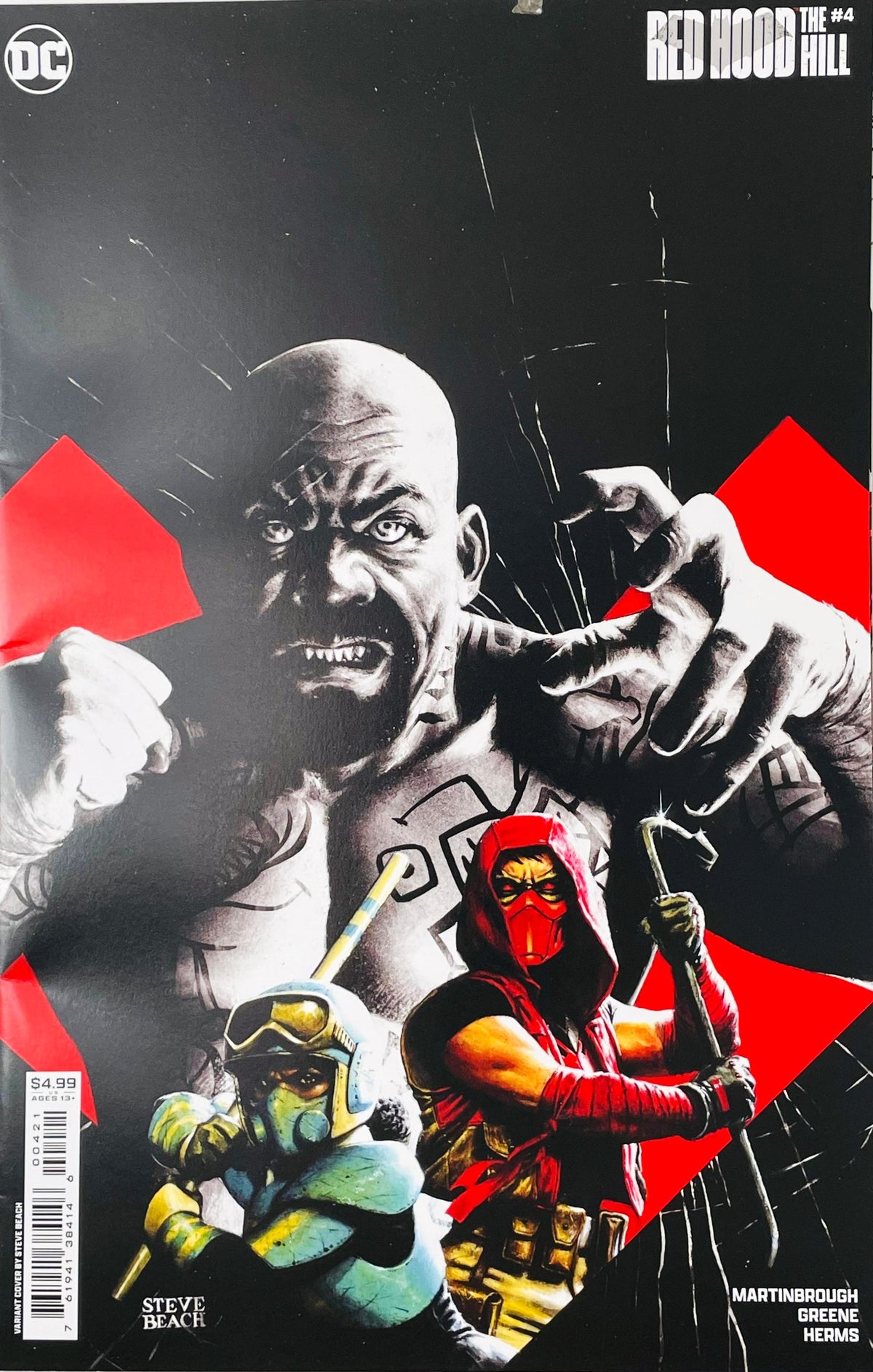 Red Hood with a crowbar and Strike standing in front of a giant tattooed villain on the Steve Beach variant cover of Red Hood: The Hill 4.