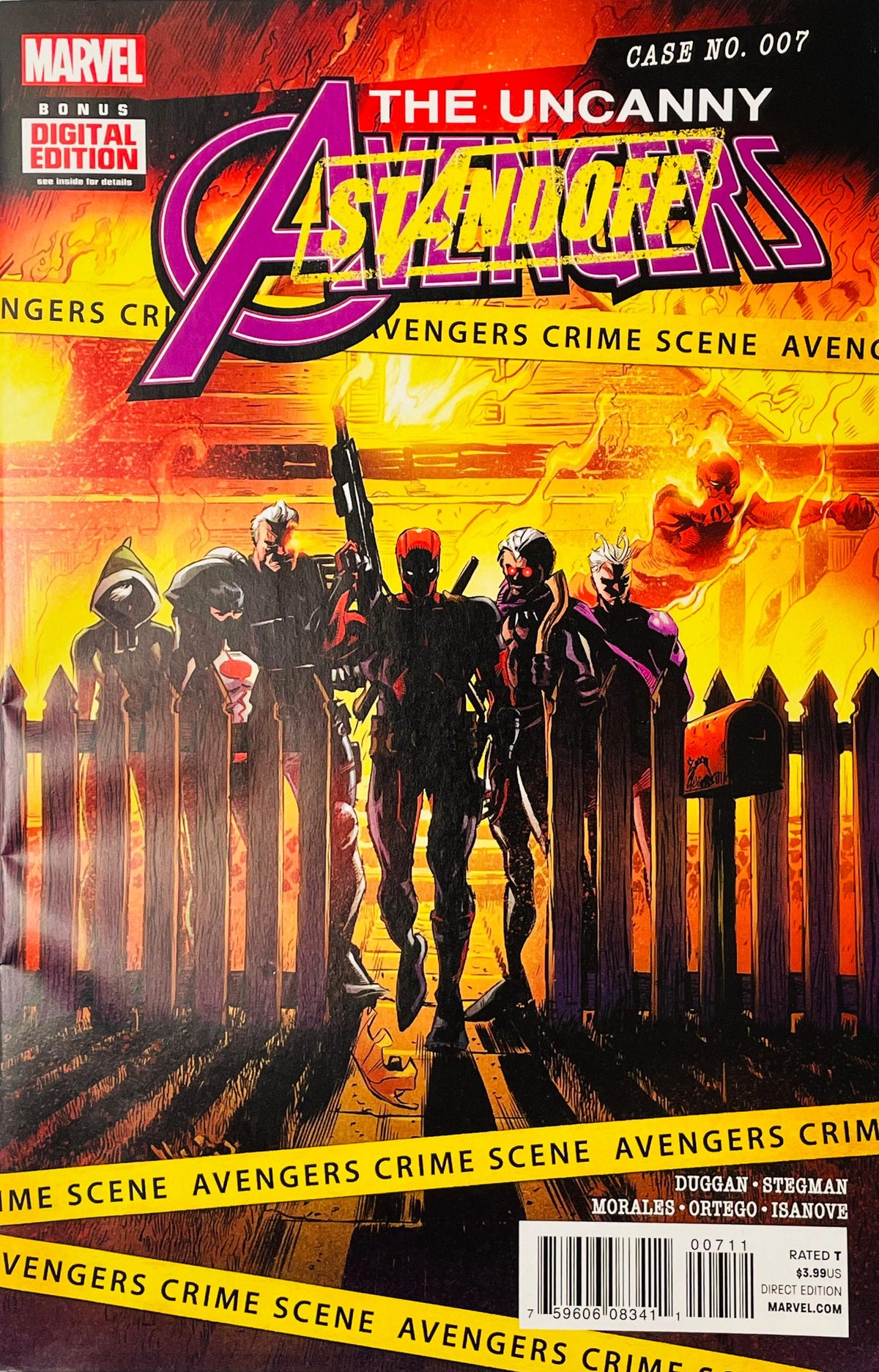 Deadpool leading the Uncanny Avengers squad through a suburban fence past crime scene tape on the cover of The Uncanny Avengers 7.