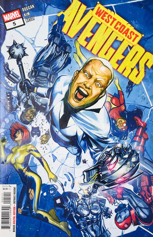 Ultron wearing a suit bursting through glass while West Coast Avengers members fall on the cover of West Coast Avengers 5.