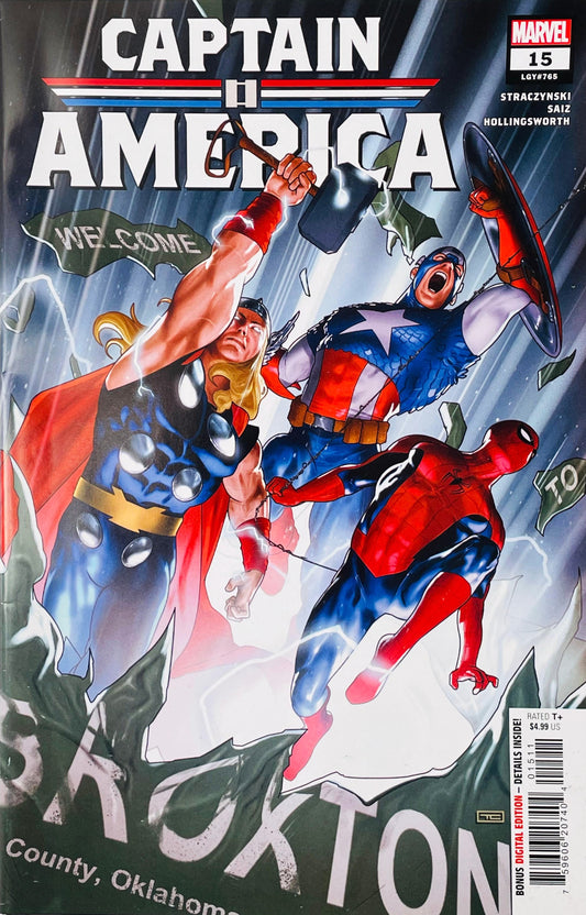 Captain America, Thor with Mjolnir lightning, and Spider-Man smashing through a Broxton sign on the cover of Captain America 15.