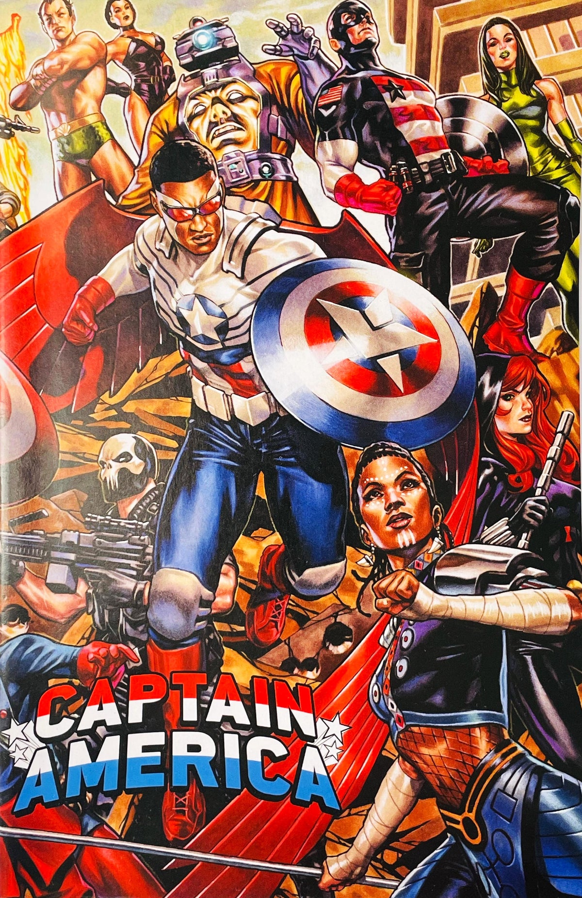Sam Wilson as Captain America surrounded by U.S. Agent, Black Widow, and villains on the Mark Brooks variant cover of Captain America Cold War Alpha 1.