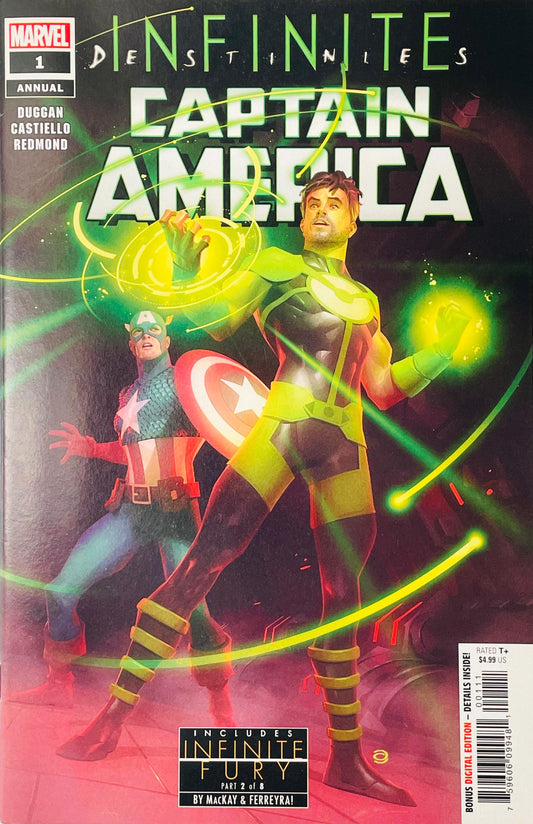 Overtime wielding green Time Stone energy beside Captain America on the cover of Captain America Annual 1.   