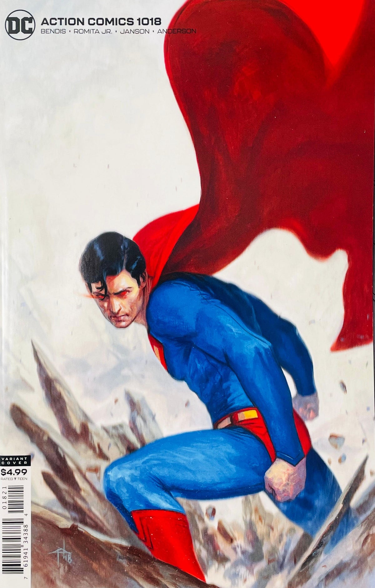 Superman in a landing pose with glowing red heat vision eyes on the painted Gabriele Dell'Otto variant cover of Action Comics 1018.