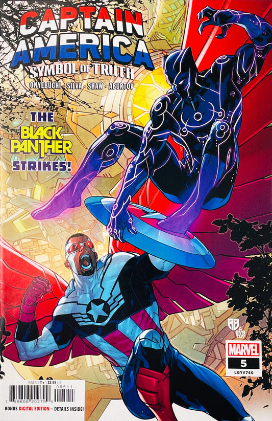 Black Panther leaping onto Sam Wilson Captain America's shield mid-air on the cover of Captain America Symbol of Truth 5.