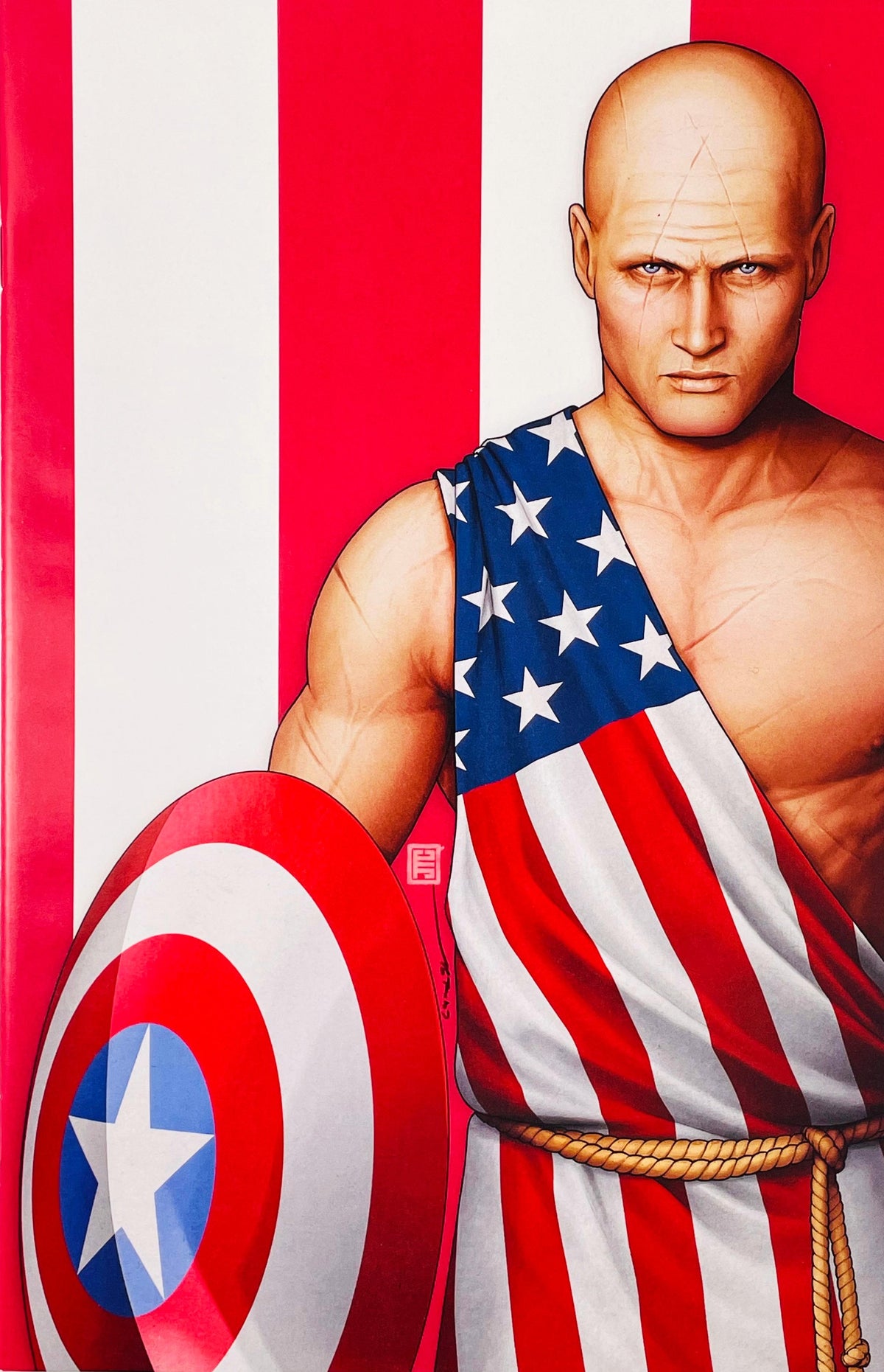 Bald scarred villain wrapped in an American flag robe holding Captain America's shield on the John Tyler Christopher virgin variant cover of Captain America 0.