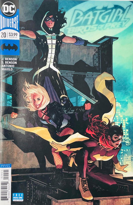 Huntress, Black Canary, and Batgirl posing on a steel girder overlooking Gotham on the Warren Louw variant cover of Batgirl and the Birds of Prey 20.