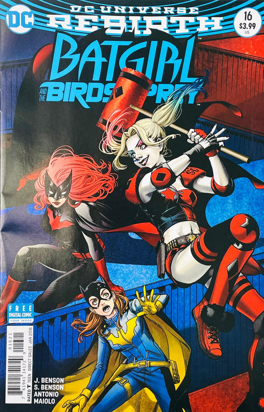 Harley Quinn swinging a wooden mallet beside Batgirl and Batwoman on the cover of Batgirl and the Birds of Prey 16.